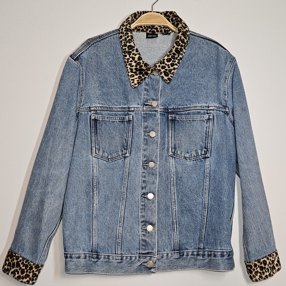 Xhilaration Women's Denim Jacket w/ Animal Print Fleece Trim, Sz XL